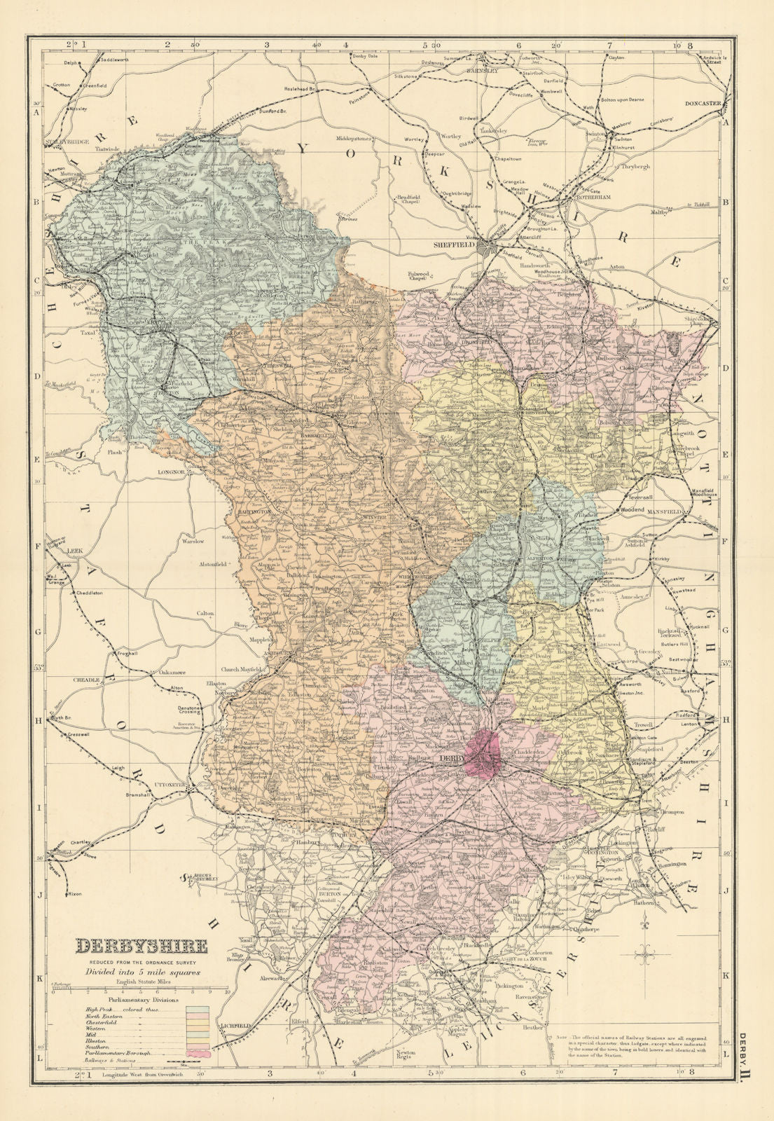 DERBYSHIRE antique county map by GW BACON 1891 old plan chart